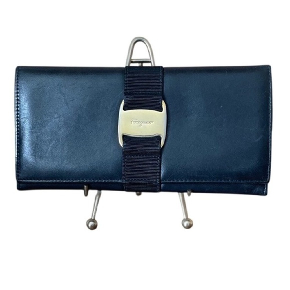 Salvatore Ferragamo Black Leather Long Wallet Signature Ribbon & Gold Buckle